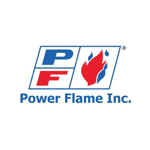 Power Flame Inc. logo with blue and red PF letters and a flame symbol.