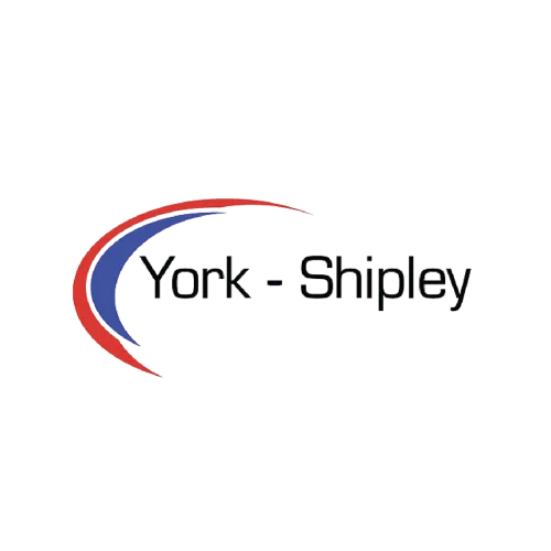 York-Shipley logo featuring stylized red and blue curved lines with black text on a transparent background.