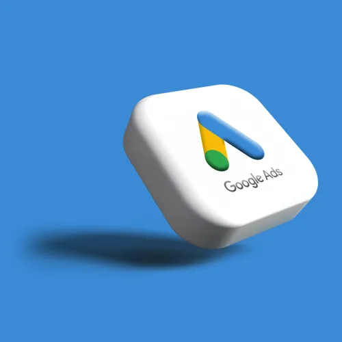 3D icon of Google Ads logo on a white rounded square with blue background and shadow