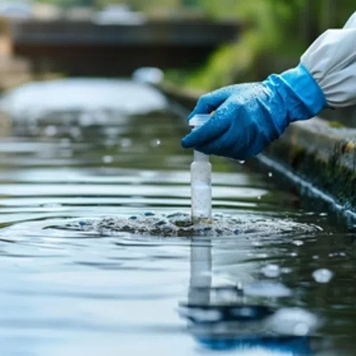 Person wearing blue gloves collecting water sample from a canal for quality testing