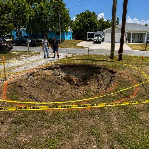 Large sinkhole surrounded by yellow caution tape with two men inspecting it in a residential area.