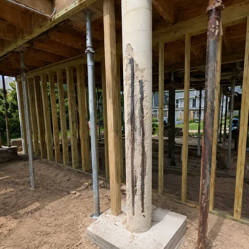 Concrete column with exposed rebar and wood framing in a building under construction site on dirt ground.