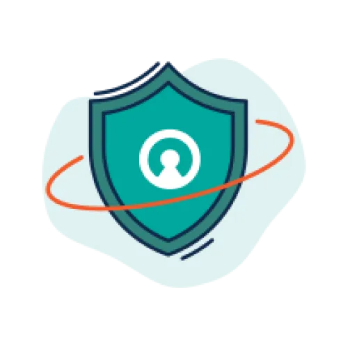 Blue and teal shield with an open lock icon, surrounded by an orange orbit line symbolizing security and protection.
