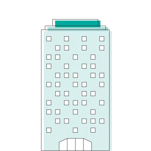 Minimalist illustration of a tall office building with multiple windows and a rooftop structure
