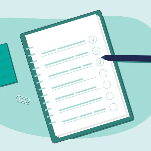 Checklist on paper with pen, sticky notes, and paperclip on a blue background for task management