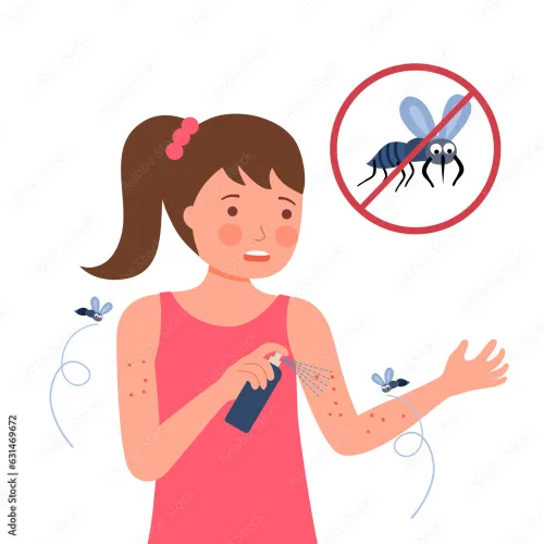 Girl spritzing mosquito repellent on her arm to prevent mosquito bites with no mosquito sign above.