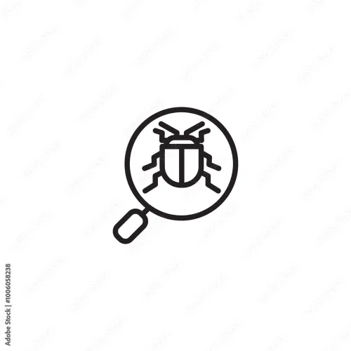 Magnifying glass focusing on a bug icon symbolizing software bug detection or inspection.