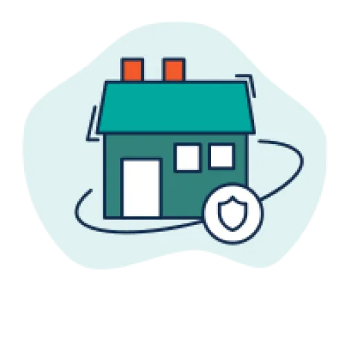 Illustration of a teal house with two chimneys and a security shield symbol, representing home protection.