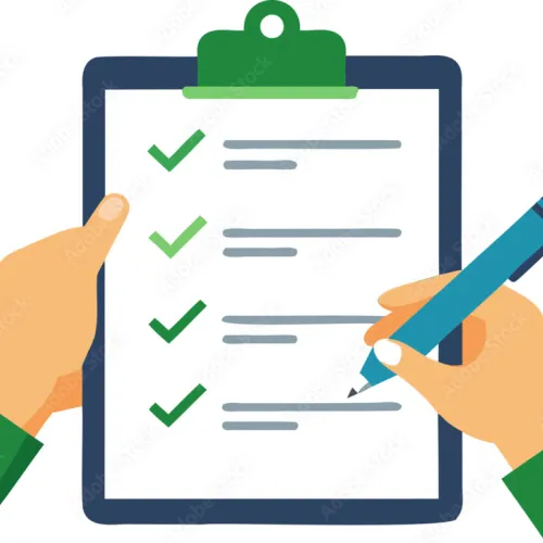 Hands holding a clipboard and pen, checking off items on a checklist with green check marks.