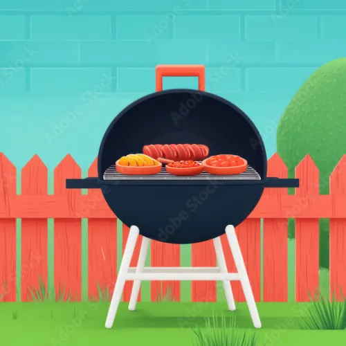 Backyard charcoal grill with sausages and burgers cooking, red fence, green grass, and trees in background.