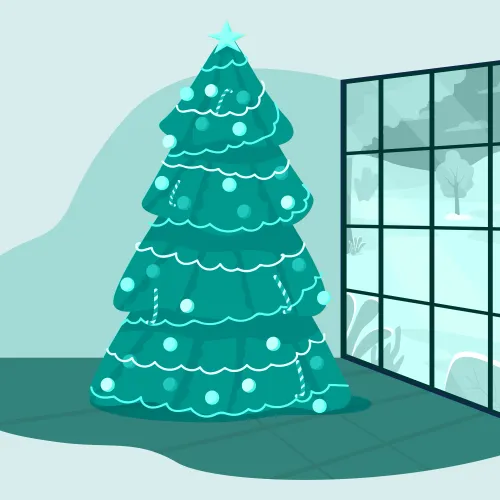 Decorated Christmas tree with ornaments and a star by a large window showing a snowy outdoor winter scene