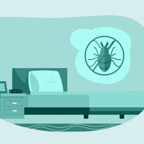 Bedroom scene with a large bed and a magnified image of a bed bug on the wall representing pest infestation