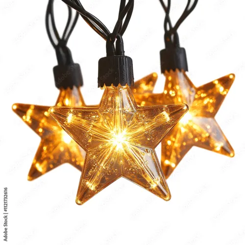 Close-up of glowing star-shaped string lights with warm yellow illumination on a white background