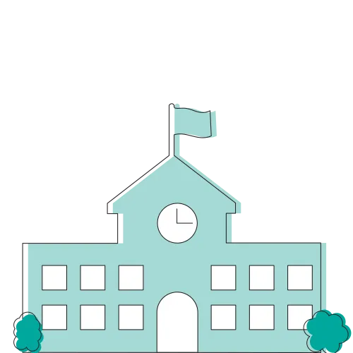 Illustration of a school building with a clock, flag, and trees on either side under a transparent background.