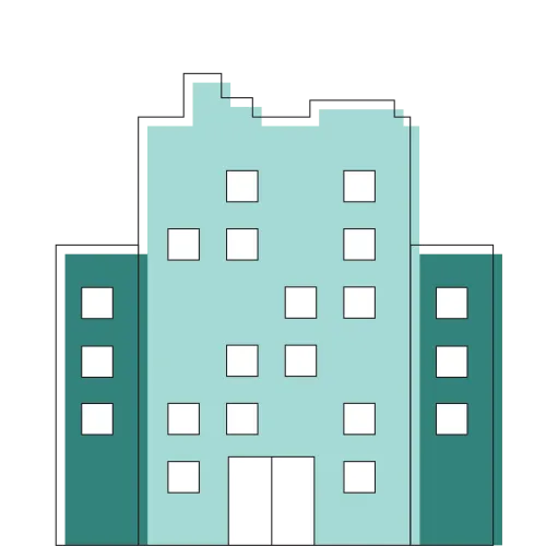 Illustration of a three-section building with multiple windows and a central entrance in turquoise shades.