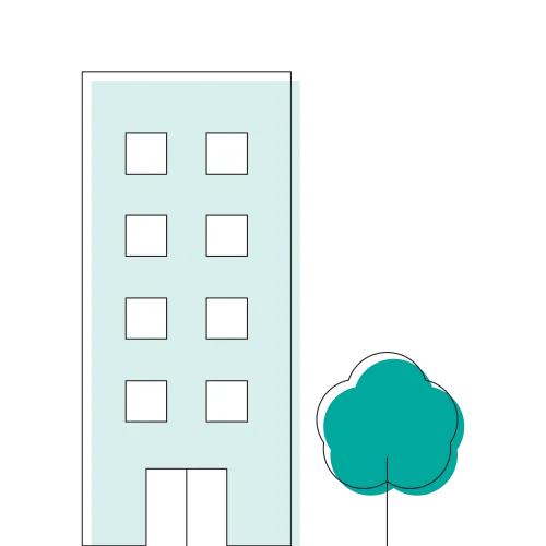 Simple illustration of a light blue building with eight windows and a green tree beside it on white background