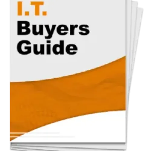 Cover page of an I.T. Buyers Guide with bold black and orange text and a curved orange design element.