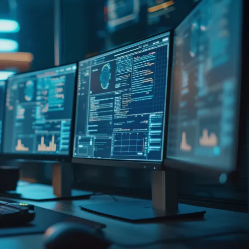 Multiple computer monitors displaying data analytics and code in a modern tech workspace environment.