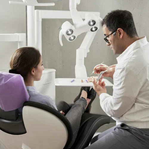 Dentist explaining dental mold and treatment options to female patient in modern dental clinic.
