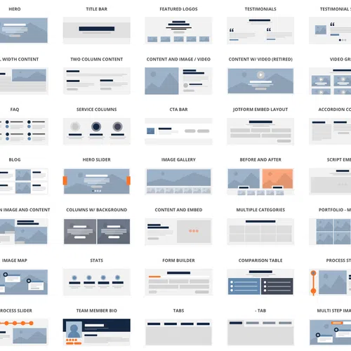 Web design interface showing various layout options like hero, columns, sliders, galleries, and forms to add sections.