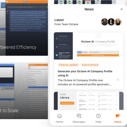 User interface showcasing Octane AI company profile generation, news updates, and form library features in a dashboard view.