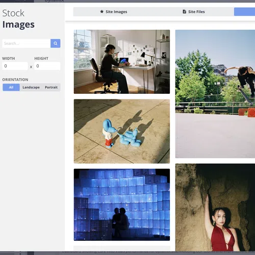 Grid of diverse stock photos including indoor workspace, skateboarding, open book, cityscape, and beach scenes.