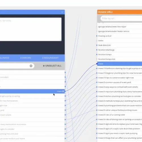 Screenshot of a URL migration tool comparing old site URLs to new Octane URLs with redirect details and filters.