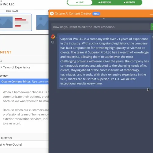 Screenshot of website content editor showing text input area, settings menu, and preview options for Superior Pro LLC.