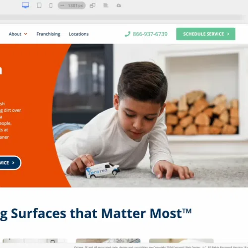 Website homepage showing Zerorez carpet cleaning with child playing on clean floor and service details
