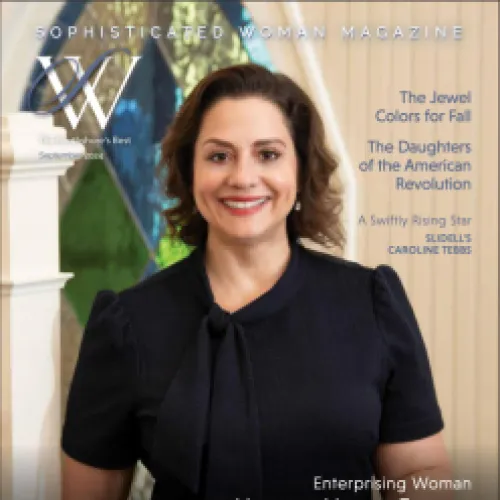 Cover of Sophisticated Woman Magazine featuring Michele Moore Echols in a dark dress smiling indoors.