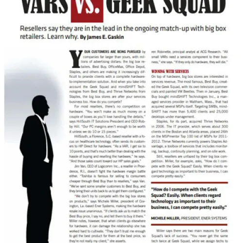VARs versus Geek Squad comparison illustration with article excerpt about reseller competition.