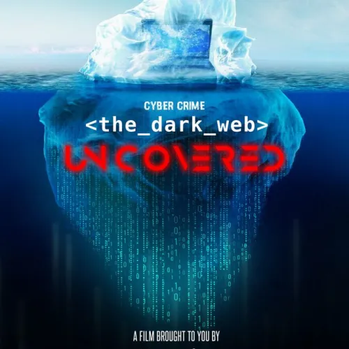 Iceberg with digital dark web elements under water and text about cyber crime The Dark Web Uncovered.