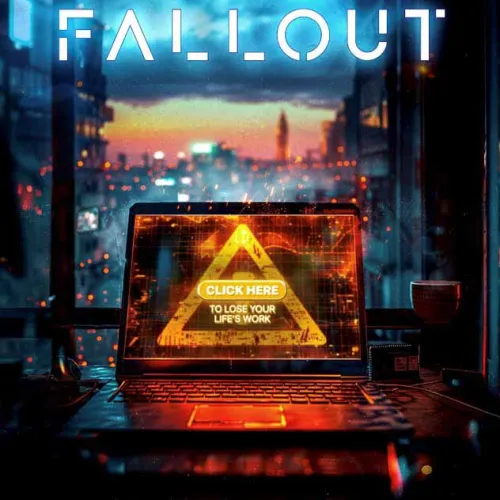 Cybercrime fallout warning shown on a laptop screen with city skyline at sunset in the background.