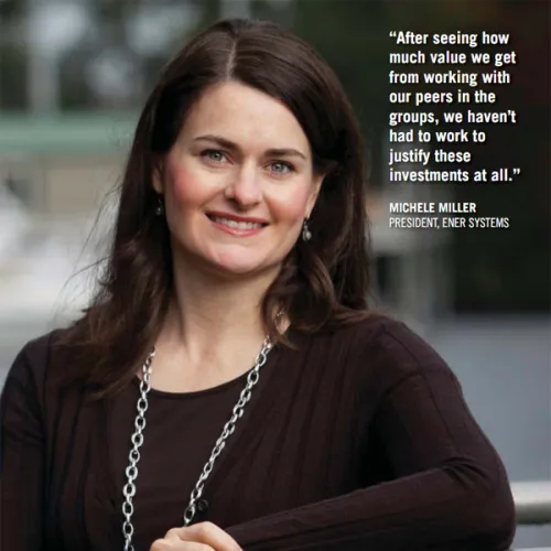 Smiling woman with brown hair and necklace leaning on metal railing outdoors with testimonial quote on right.