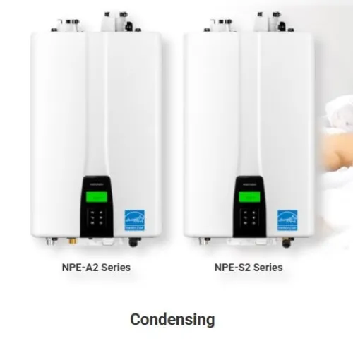 Four types of tankless water heaters displayed with a woman relaxing in a bathtub, highlighting condensing and non-condensing models.