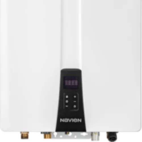 White digital tankless water heater with control panel and multiple connection ports at the base