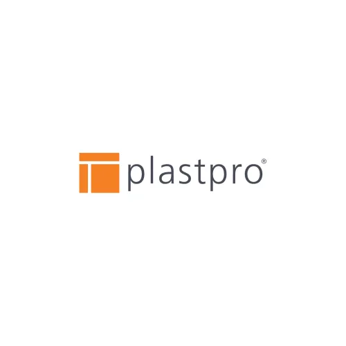 Plastpro logo featuring a stylized orange icon and modern typography in gray.
