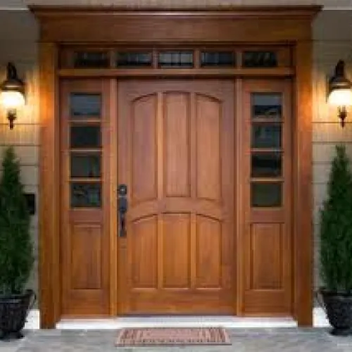 a wooden door with a window