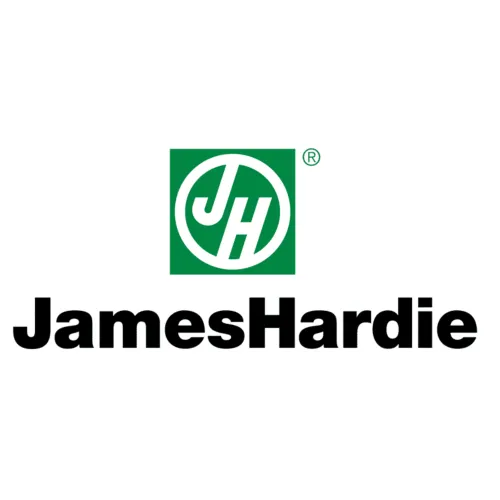 Logo of James Hardie featuring green and black colors with stylized initials and company name.