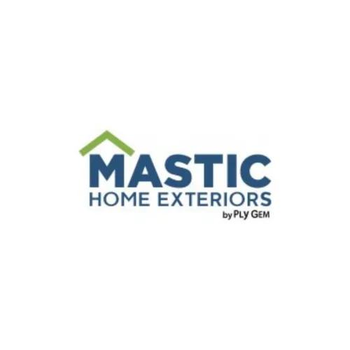 Mastic Home Exteriors logo featuring a green roof icon and bold blue text.
