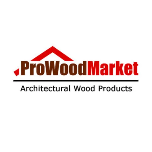 ProWoodMarket logo featuring red text with a roofline, highlighting architectural wood products.