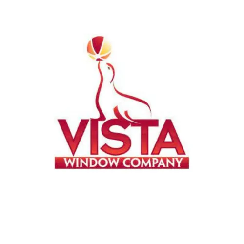 Vista Window Company logo featuring a playful dog holding a beach ball.