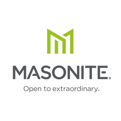 Masonite logo featuring a green design and gray text with the slogan 'Open to extraordinary.'