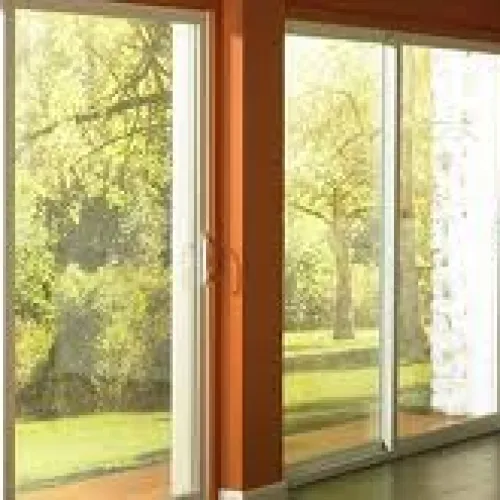 a room with glass doors