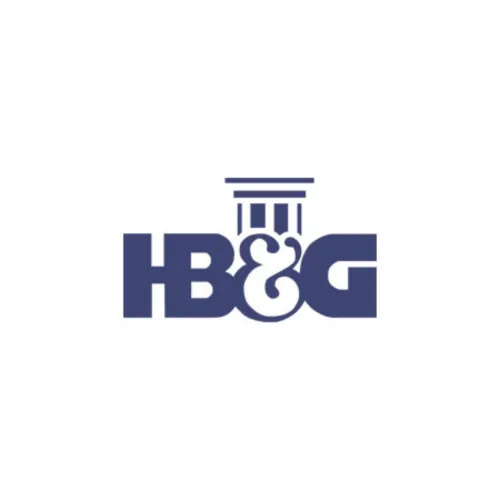 Logo of HBG with a classic column design and bold lettering.