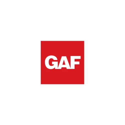 GAF logo featuring bold white letters on a red background, symbolizing roofing expertise.