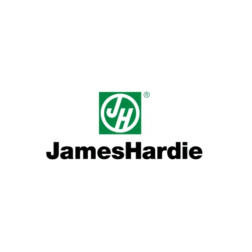 James Hardie logo featuring a green square with initials and bold brand name.