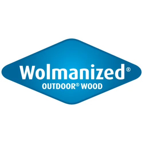 Logo of Wolmanized Outdoor Wood, featuring a blue diamond shape with white text.