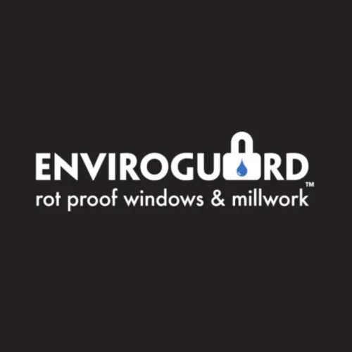 Enviroguard logo featuring a lock icon, showcasing rot proof windows and millwork solutions.