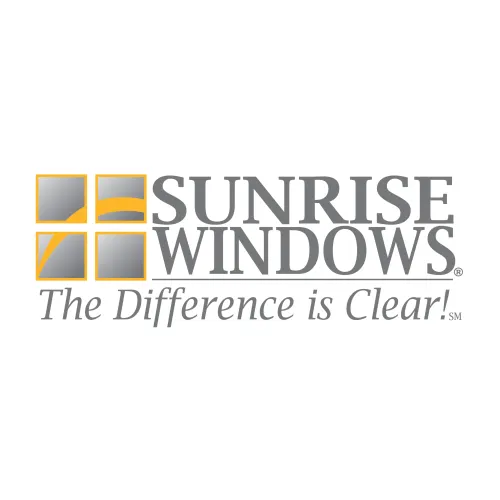 Sunrise Windows logo featuring yellow and gray colors with a clear slogan.